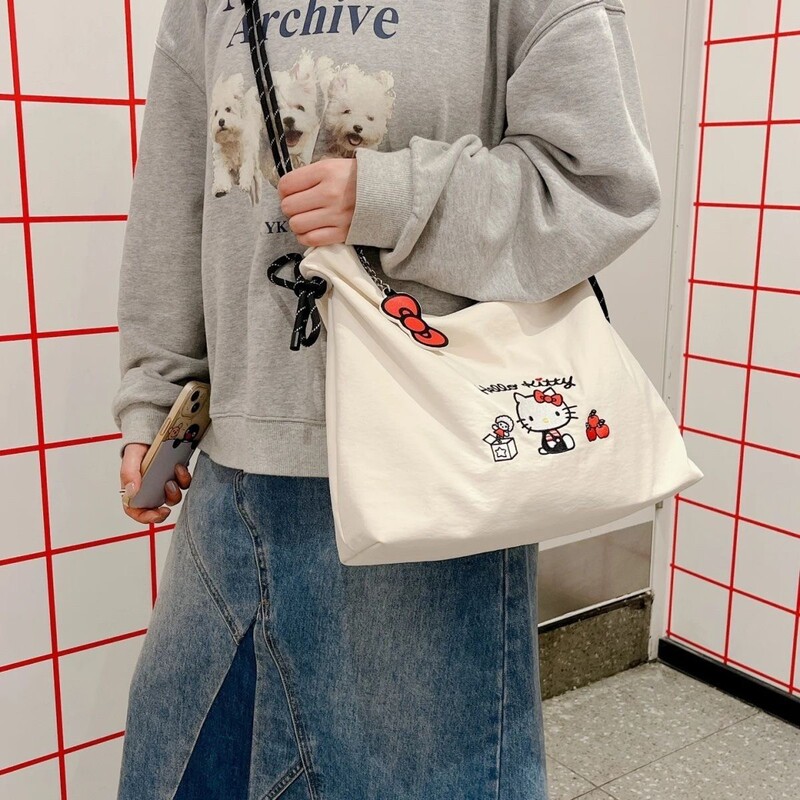 起爆ハローキティかわいい刺繍ズック斜めショルダーバッグ大容量ポータブル外出トートバッグ|undefined