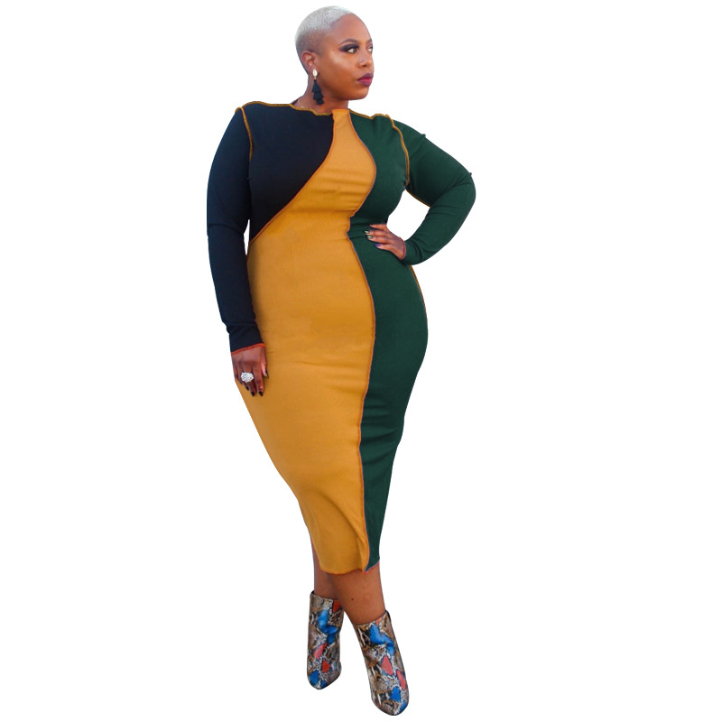 Regular Dress Elegant Round Neck Patchwork Rib-Knit Long Sleeve Color Block Midi Dress Daily display picture 28