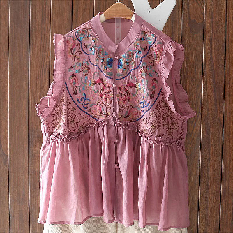 Heavy Embroidery Ramie Shirt for Women 2026 Vintage Ruffle Edge Sleeveless Loose Versatile Artistic Button-Up Top Heavy Embroidery Ramie Shirt for Women 2026 Vintage Ruffle Edge Sleeveless Loose Versatile Artistic Button-Up Top