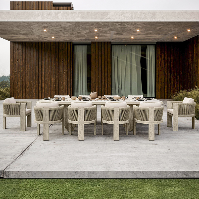 Mesa y silla al aire libre patio chalet tabla de madera larga impermeable alojamiento residencial terraza jardín al aire libre combinación de mesa de comedor de madera maciza casual