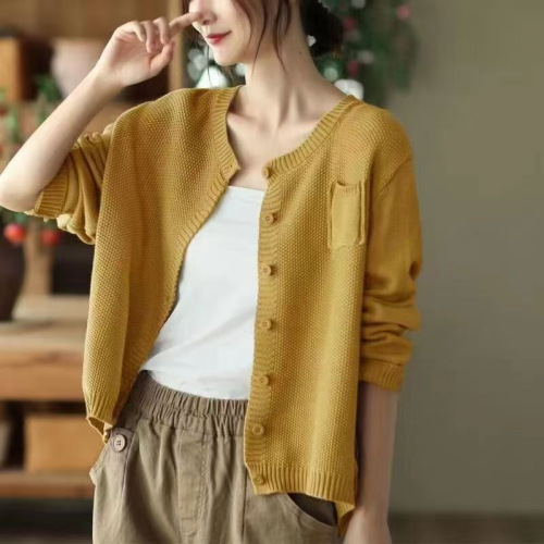 Vintage Loose Women's Cardigan Sweater Spring and Autumn Season Fashion Trendy Round Neck Single Button Long Sleeve Knit Coat