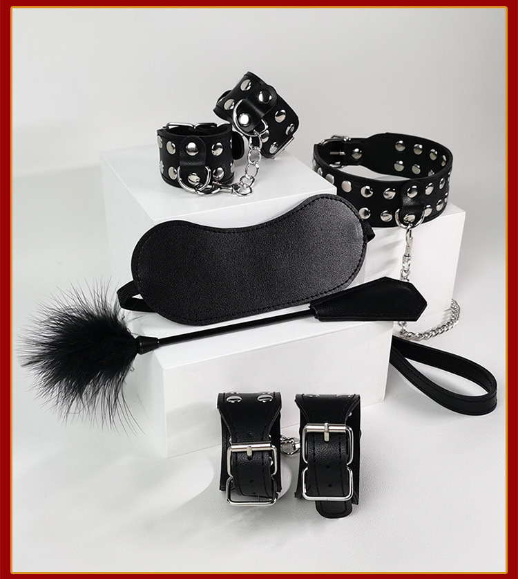 SM Bondage Kit 9-Piece Faux Leather Handcuffs Ball Gag Nipple Clamps Black — detail image 40