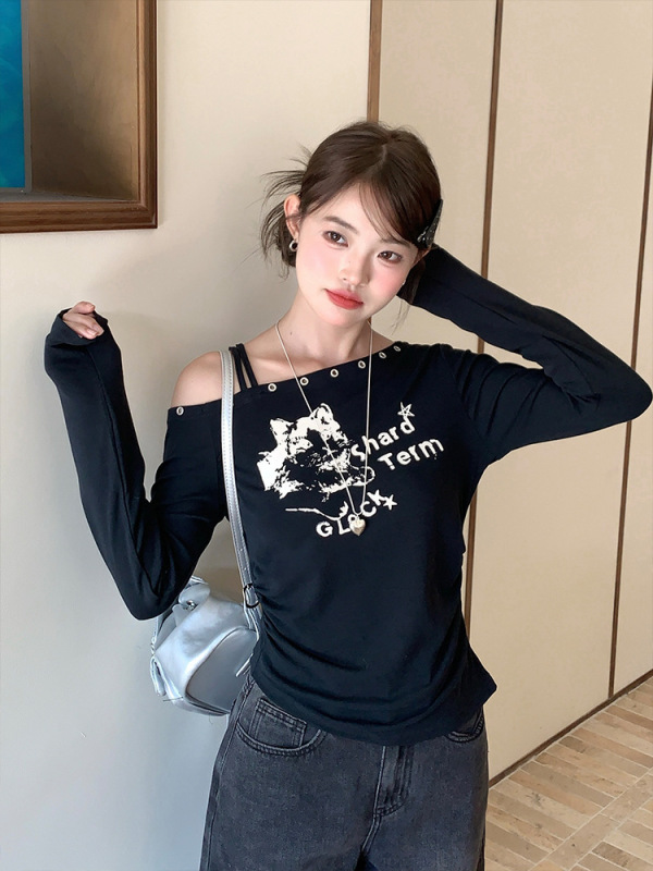 斜肩长袖T恤女2025秋季女装新款内搭打底衫修身一字肩小众上衣|undefined