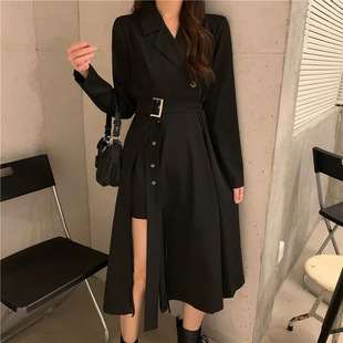 Autumn 2022 New Large Size Hong Kong-style Tight Waist Slimming Split A- shaped Mid-length Long-sleeved Dress Women's Dress