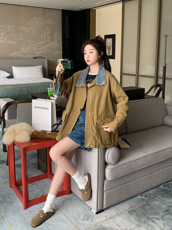 咖色牛仔拼接翻领风衣女2025初春秋新款气质显瘦减龄宽松休闲外套|undefined