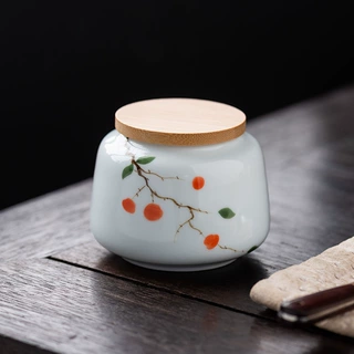 手绘白瓷柿子茶叶罐密封罐家用陶瓷散茶存茶罐茶仓防潮储藏小罐子
