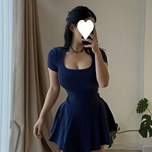 U-neck short sleeved waist cinching dressU�I���������B��ȹŮ