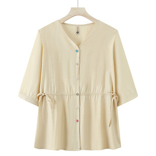 Summer New Casual Short-Sleeved Shirts for Middle-Aged and Elderly Mothers, Waist Slimming Tops, Fashionable Shirts for Women