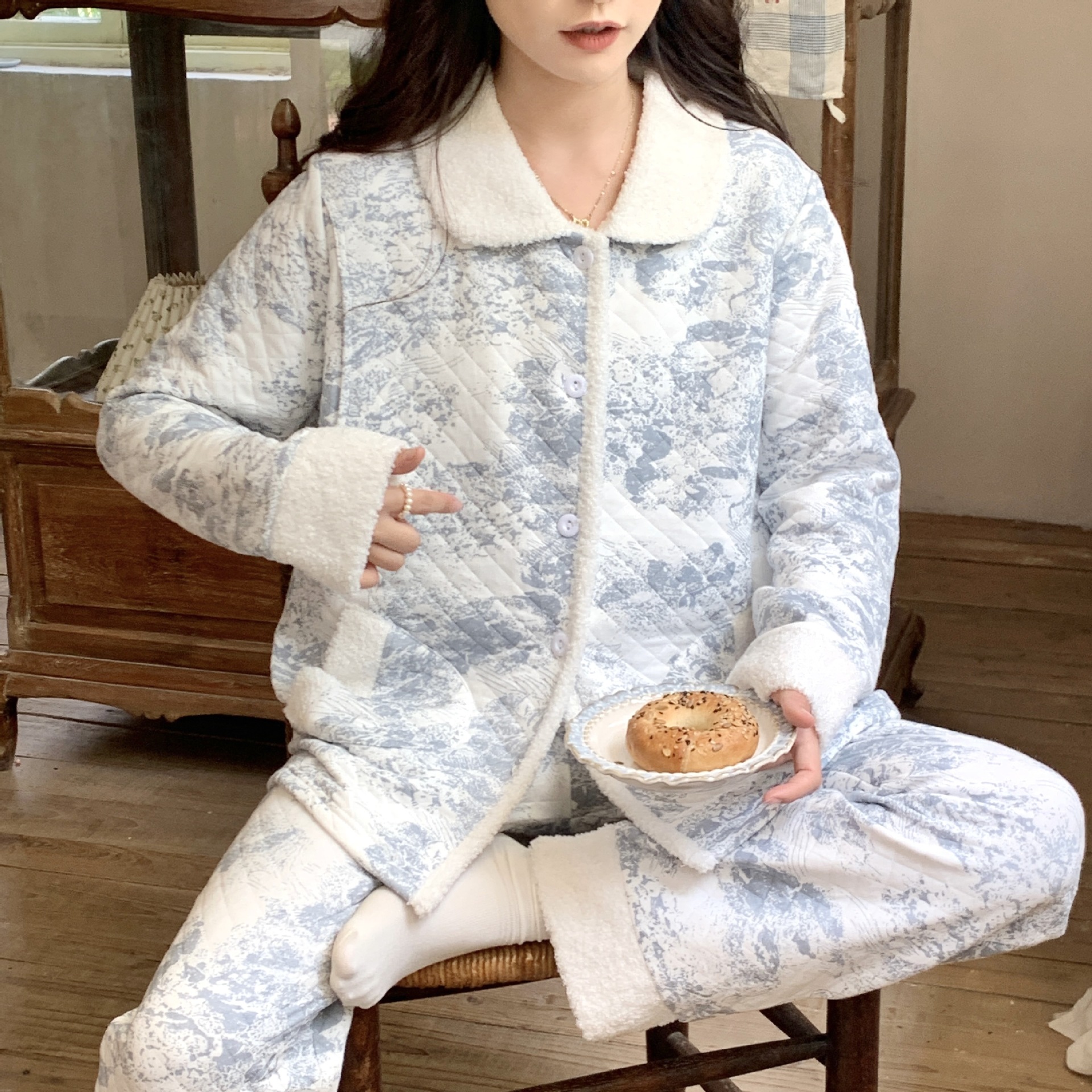 (2개) 재고 [6268] 순면 공기면 월간 의류 임산부 간호 잠옷 가을과 겨울 간호 11 월 가정용 의류