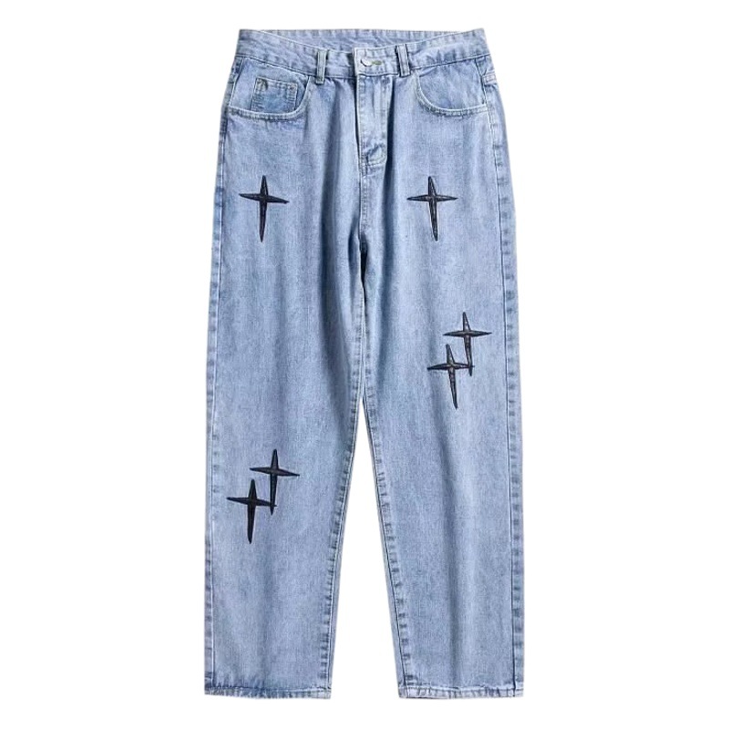 Pantalones vaqueros de los hombres de otoño nacional de moda de la Calle Cruz parche bordado suelto recto ancho vaca ins moda marca pantalones largos