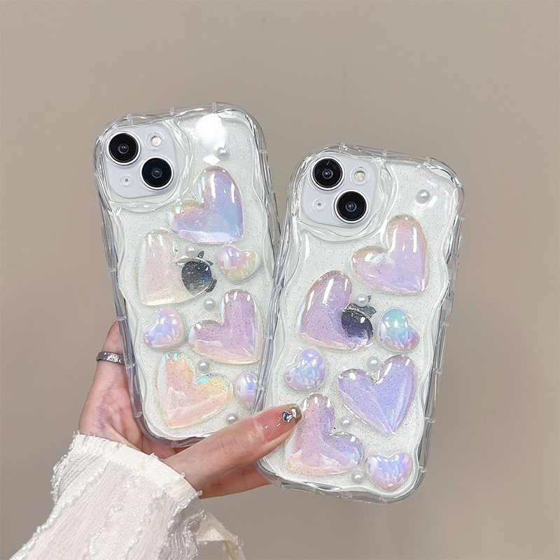 Glittering Colorful Laser Heart Phone Case Suitable for Apple 17Promax with Precise Hole Design and Full Coverage Iphone15 Wave Pattern
