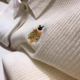 24年新款刺绣polo衫翻领长袖羊毛针织开衫女修身显瘦气质上衣外套