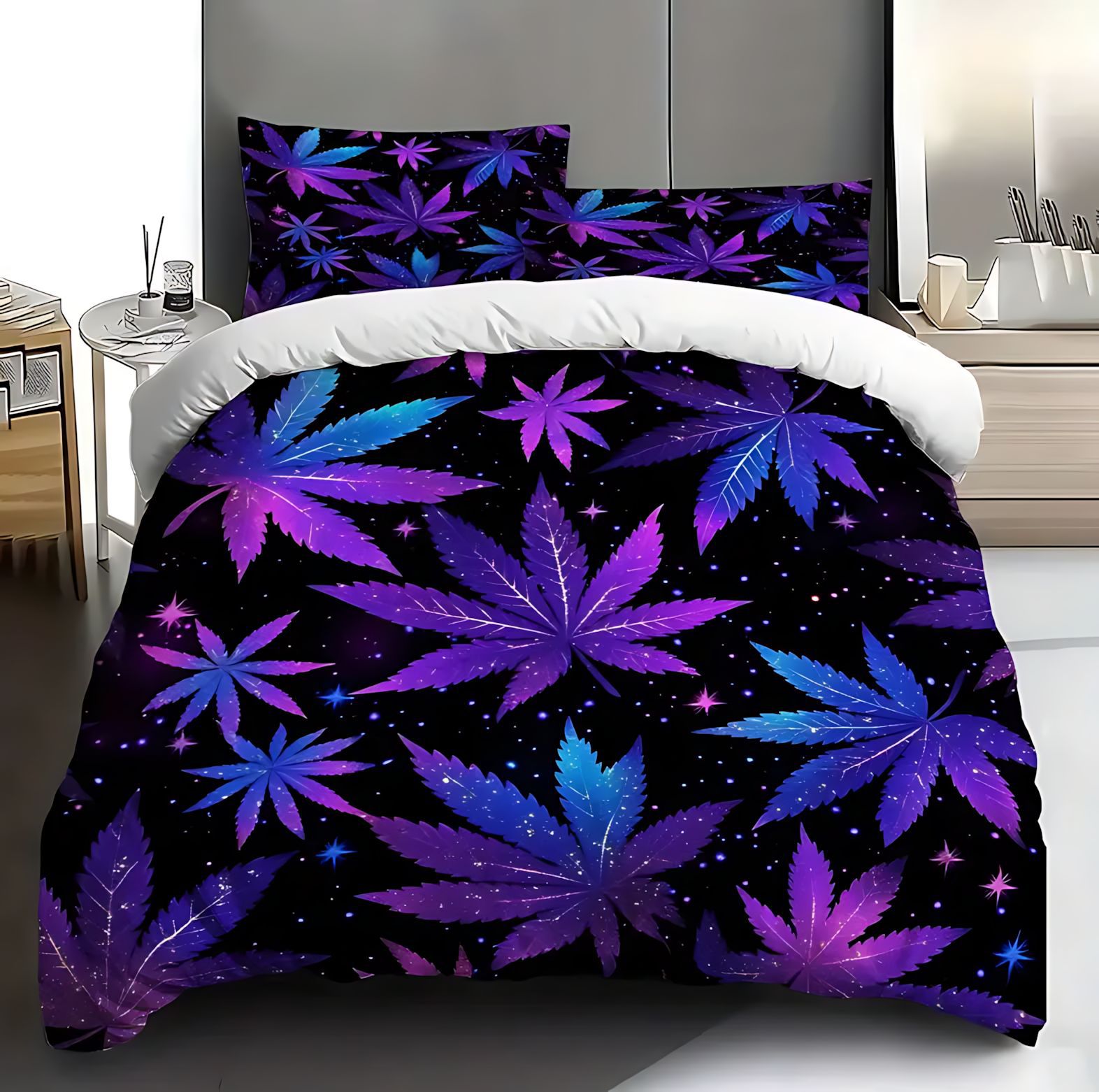 TEMU / JIT transfronterizo púrpura psicodélico hoja tema 3D impresión digital set edredon