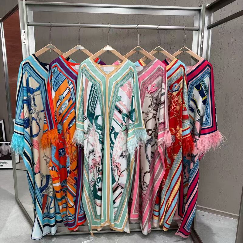 2026 Autumn Cross-Border Ins Style Bohemian Colorful Pattern Ostrich Feather Long Sleeve Dress, Holiday Style, Loose Fit