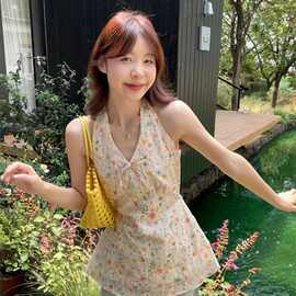 甜美设计感领挂脖无袖背心吊带女夏季碎花刺绣衬衫小上衣图片色