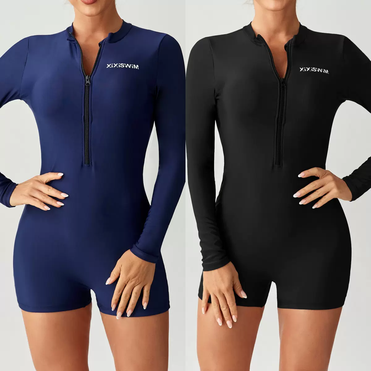 欧美纯色可拆卸胸垫连体健身衣衣亚马逊半拉链长袖连体运动泳装