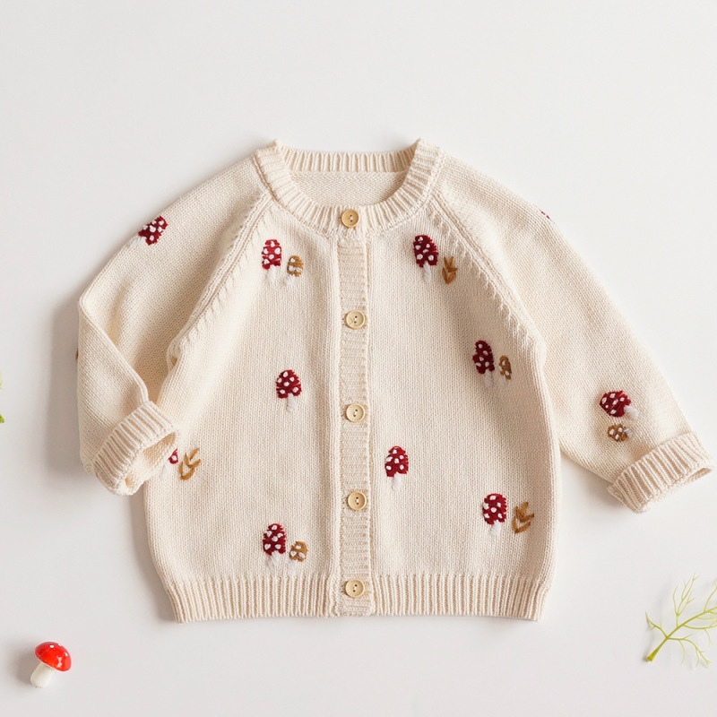 Children's sweater wholesale Spring and Autumn new autumn girls embroidered cute mushroom cotton knitted cardigan baby sweater