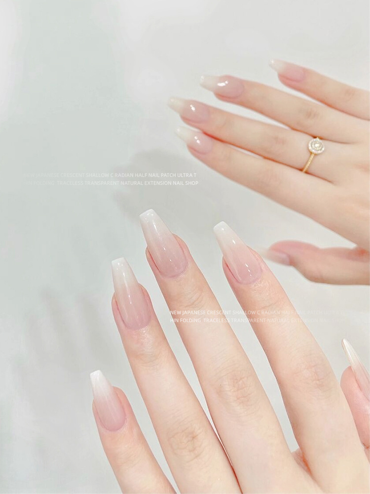 Nuevo estilo japonés c arco francés semi-stick hoja de uñas ultra-delgada extensión transparente especial parche de uñas largo pulido libre