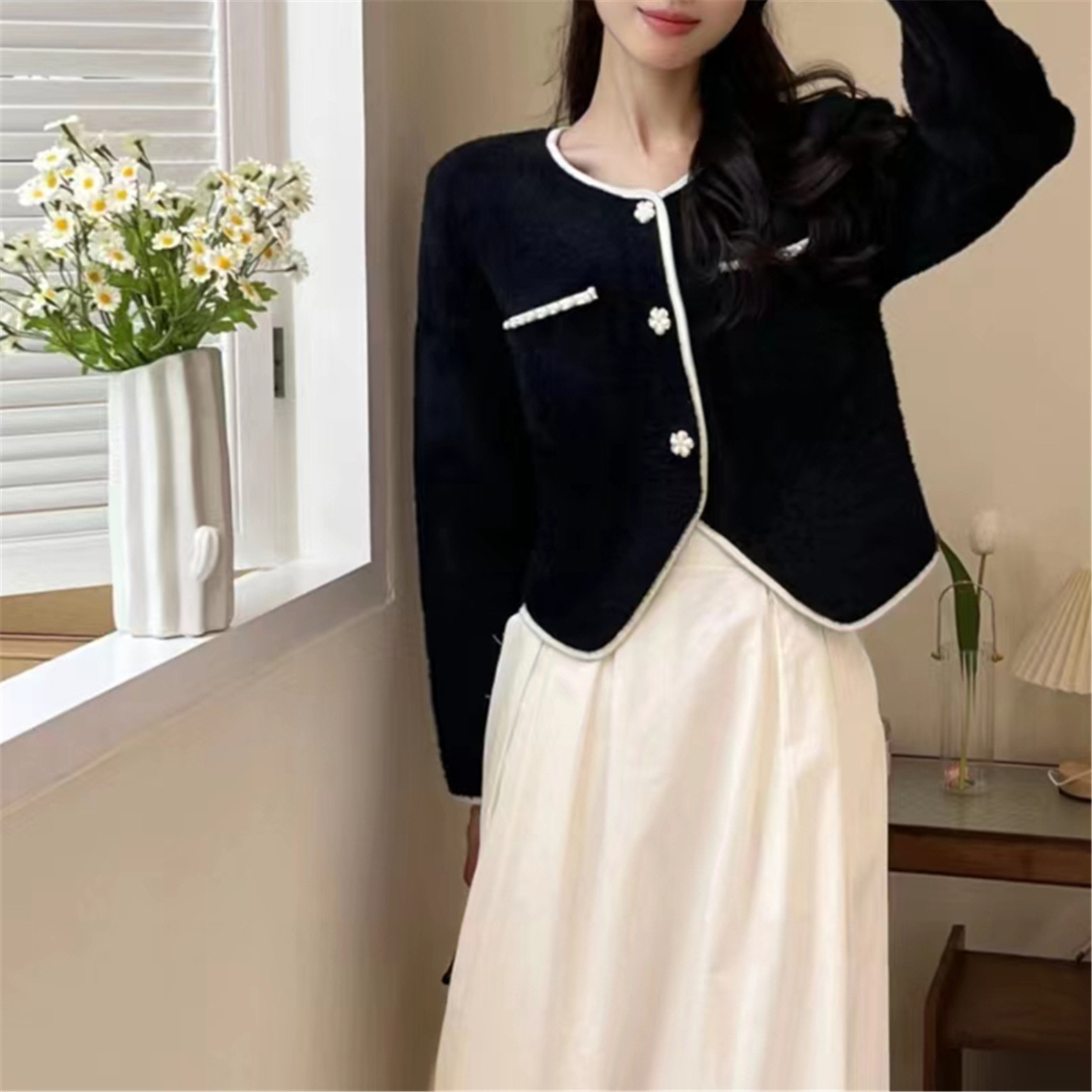 24 invierno Puyuan dulce viento fresco dulce imitación de cardigán de visón cuello redondo suelto camisa de estilo de mujer