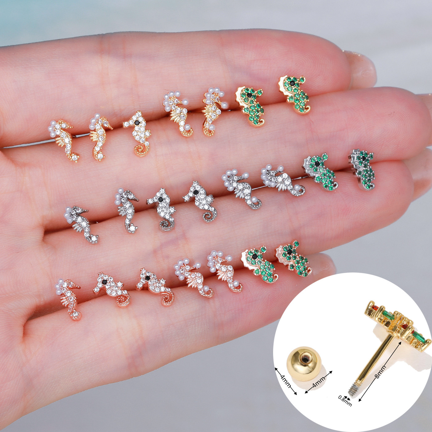 Fashion Hippocampus Brass Inlaid Zircon Ear Studs 1 Piece