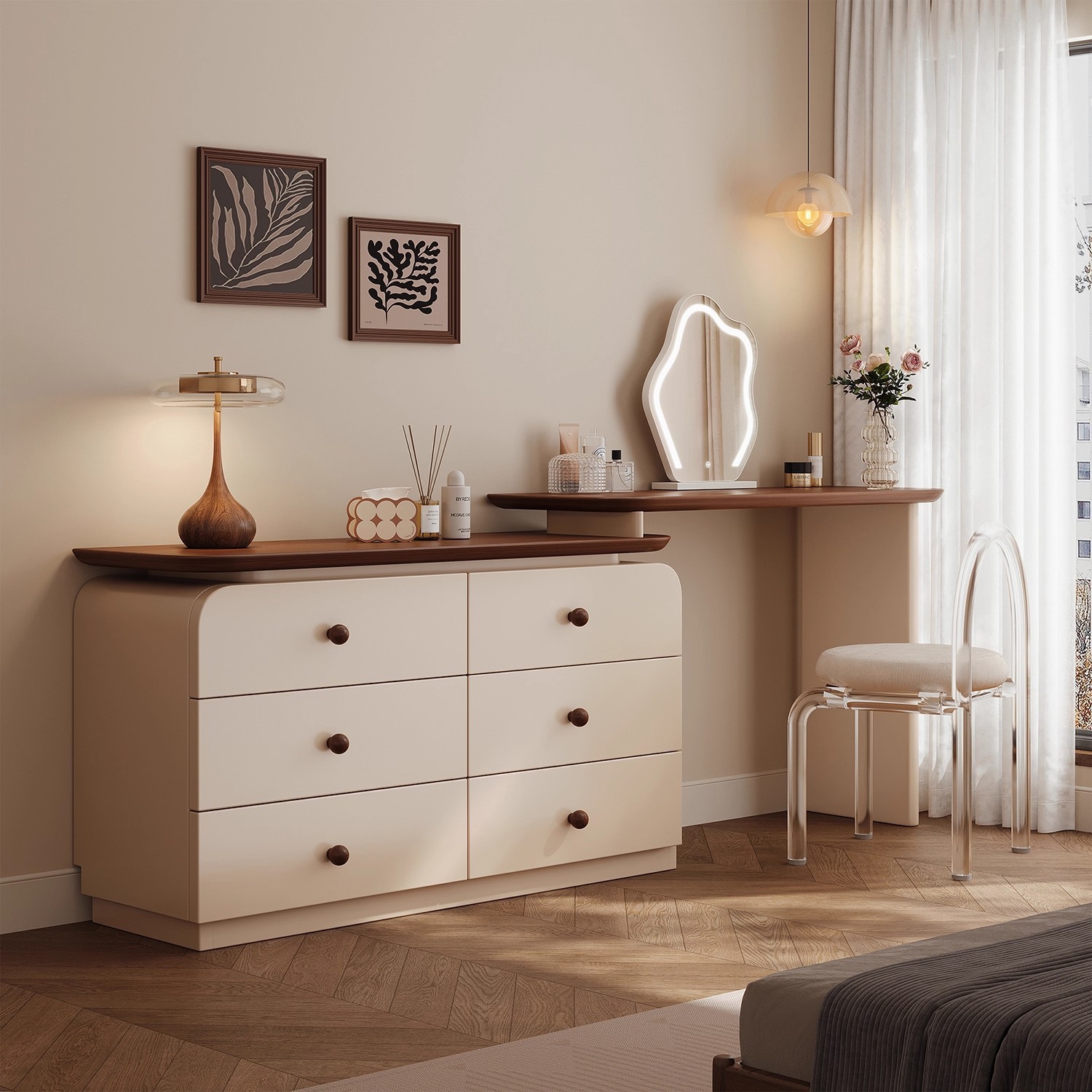Carefully Selected Vintage-Style Dressing Table and Chest of Drawers, Integrated Retro Makeup Table, Simple Bedroom Storage, Solid Wood Bedside Cabinet