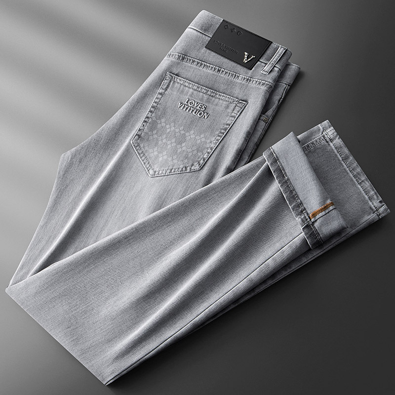 high quality Spring and Summer Soft Cotton Wash Jeans Men's Fashion Smoky Gray Letter Convex Men's Casual Pants