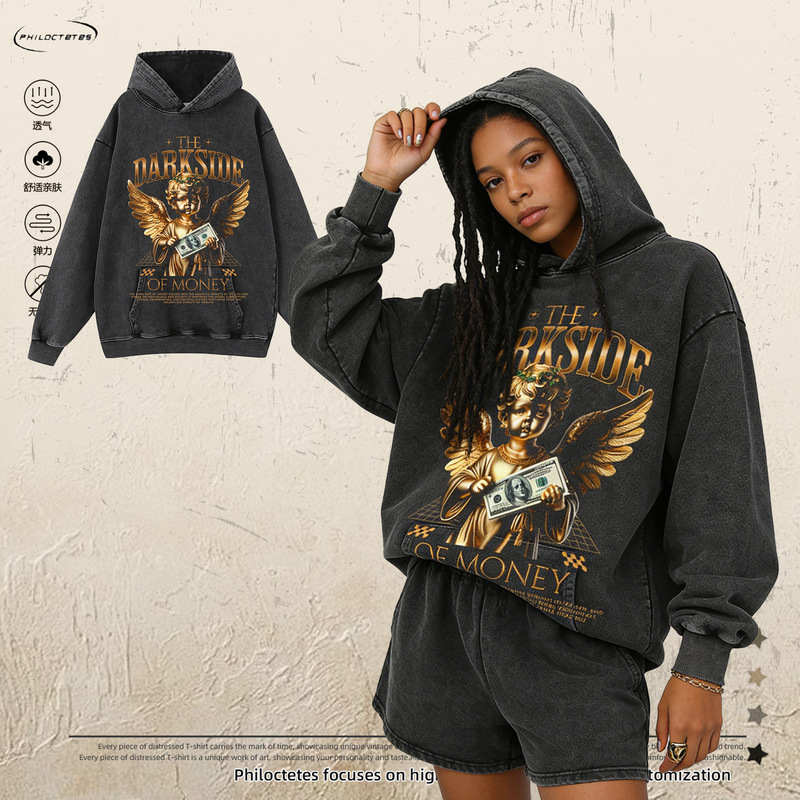 European and American Vintage-Style Money Angel Print Hooded Sweatshirt, Loose Oversized Unisex Personalized Hoodie