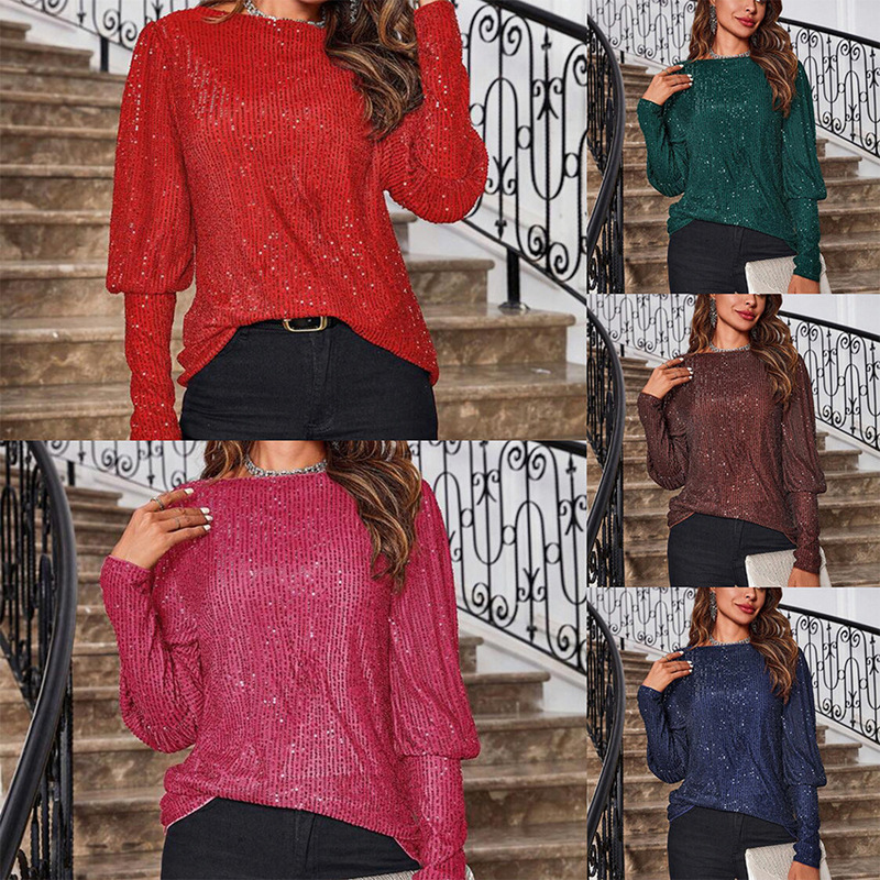 2025 European and American Amazon Foreign Trade New Style Commuter Style Loose Long-Sleeved Sequined Round Neck Shirt Top T-Shirt for Women