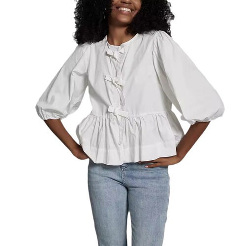 Cross-border Women's Wholesale Pastoral Style Fresh Butterfly Bow Tie White Shirt Spring and Summer 5/8 Puffed Sleeve Top