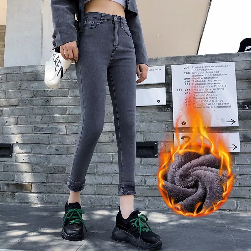 新款冬季2025长裤外穿带绒弹力加绒牛仔裤女高腰小脚加厚保暖显瘦|undefined