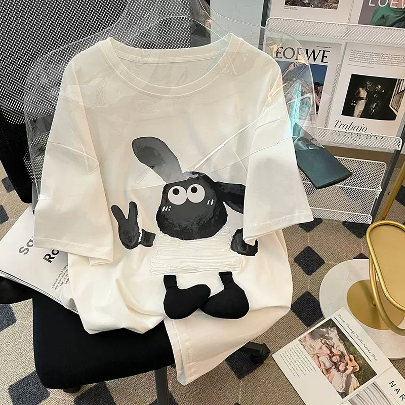 重磅时尚中长款ins可爱短袖t恤女2025新款夏季宽松设计感小众上衣