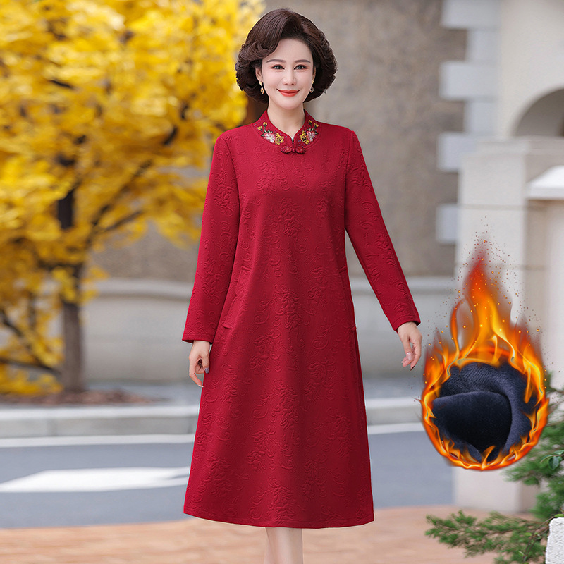 妈妈婚宴礼服高贵改良旗袍40岁50喜婆婆气质秋冬装加绒加厚连衣裙