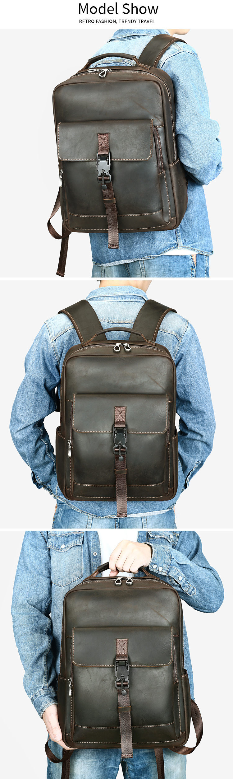 Ba lô nam da bò cao cấp phong cách phẳng 14 inch, da ngựa điên, sức chứa lớn — Màu cà phê chi tiết 13