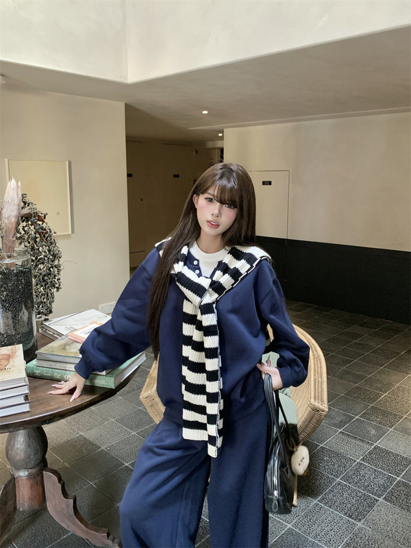 慵懒风套装条纹披肩撞色假两件卫衣女秋季拖地休闲裤运动裤两件套|undefined