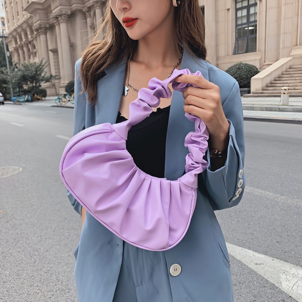 Damen Schultertasche Mit Plissee Falten Schlichte Cloud Handtasche_voghion.com