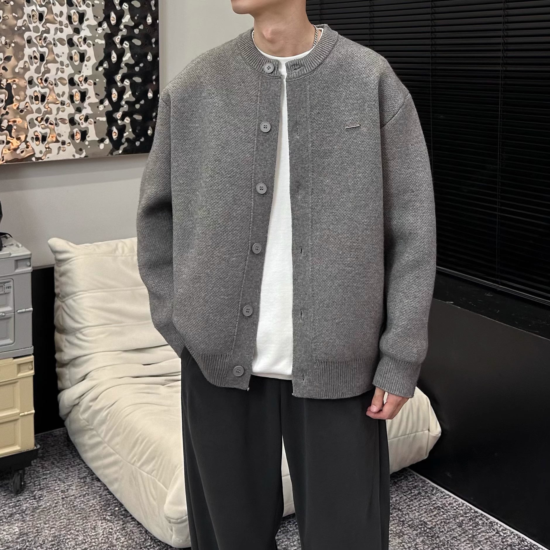 Autumn and Winter Baseball Collar Thick Knit Cardigan Sweater Men's Trendy Large Size Loose Casual Lazy Knitwear Jacket