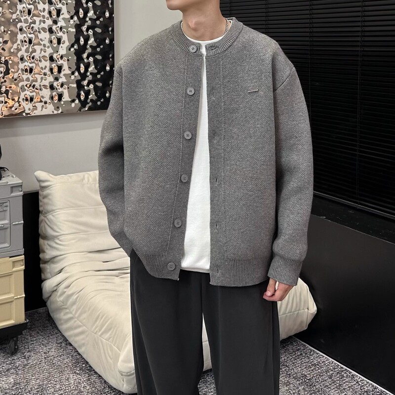 Autumn and Winter Baseball Collar Thick Knit Cardigan Sweater Men's Trendy Large Size Loose Casual Lazy Knitwear Jacket