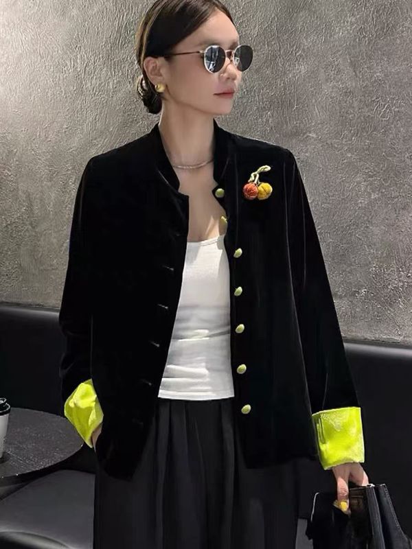 高品质2025早秋新款真丝丝绒南瓜外套撞色袖口新中式国风女装|undefined