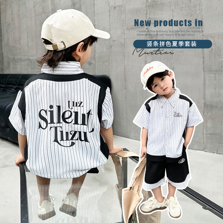 8124 Traje de verano para niños 2025 Nuevo estilo para niños Camisa de moda de estilo occidental de manga corta para niños bebé de verano