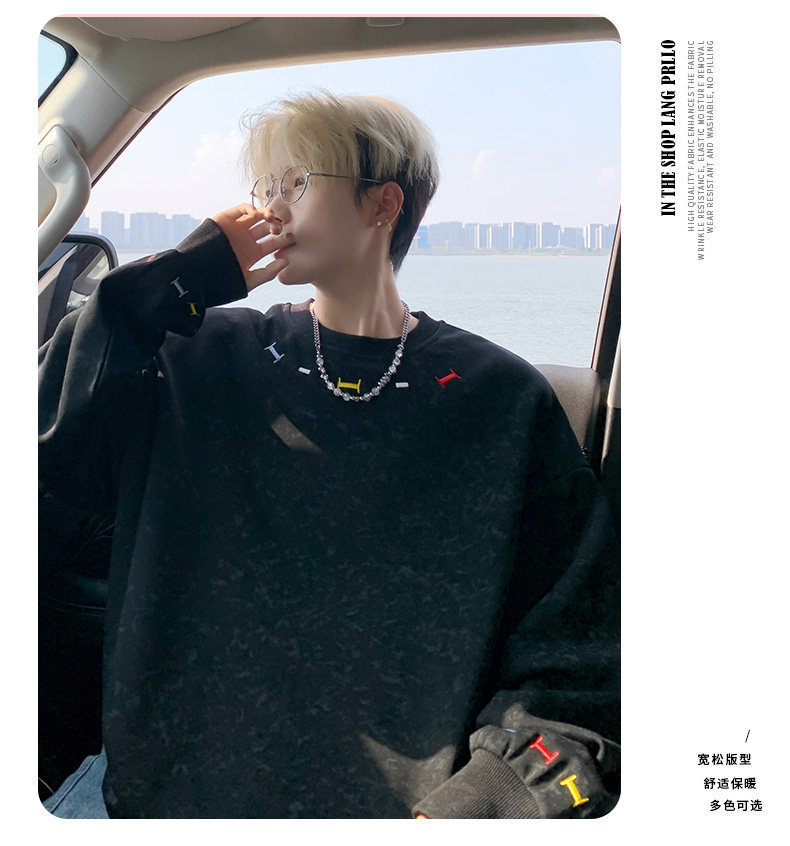 Embroidered Crew Neck Long Sleeve Pullover For Men Casual Top_voghion.com