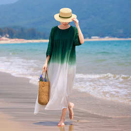 棉麻女装夏季新款度假沙滩宽松吊染渐变苎麻七分袖圆领大摆连衣裙