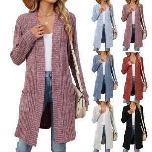 Amazon 2025 European and American Cross-Border Export Autumn and Winter Long Pure Color Long-Sleeved Loose Flap Pocket Pants Cardigan Jacket for Women