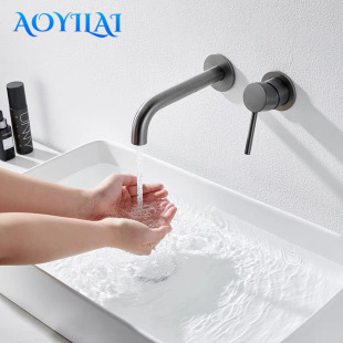 All copper concealed into the wall type embedded wall out drawing nickel gun gray minimalist basin hot and cold basin faucet factory