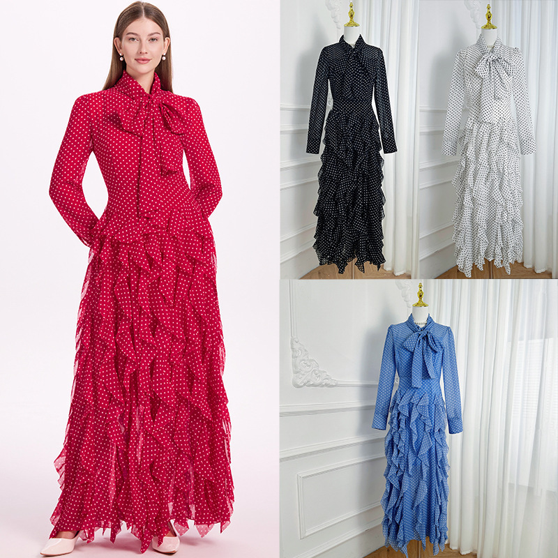 Clearance Sale Women's French Court Style Mermaid Wave Dress with a Large Hem and Waist-Cinching Scarf Collar