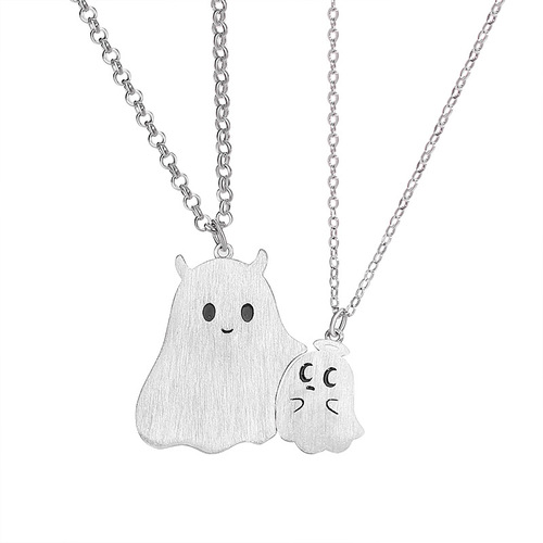 Original little ghost couple necklace sterling silver sweet cool style personalized niche clavicle chain cartoon pendant Halloween gift