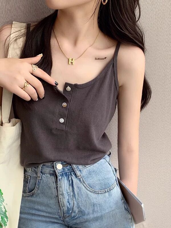 Snowflake Cotton Summer New Button Camisole Women's Loose Large Size Fat Slimming Inner Wear Outer Bottoming Top