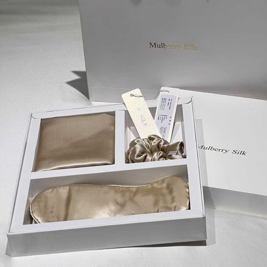 Regalos de alta gama, almohada de seda de alta calidad, cubierta de ojos, anillo de cabello, caja de regalo de seda, 100% seda de morera, conjunto de tres piezas