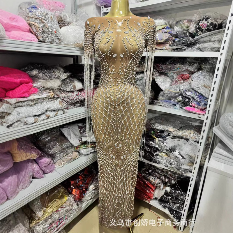 Tan Tassel Mesh Long Dress with Diamond-Shaped Short Sleeves, Elegant Slim-Fit Dress for Parties and Balls