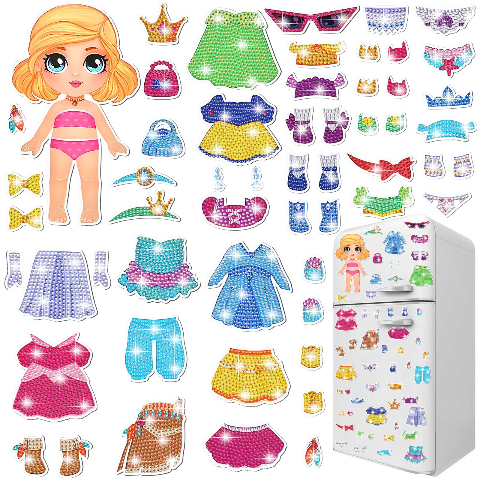 Muñeca encantadora trajes de dibujo de diamante de absorción pegatinas de refrigerador para niños DIY creativo mampostería pegatinas juguetes al por mayor