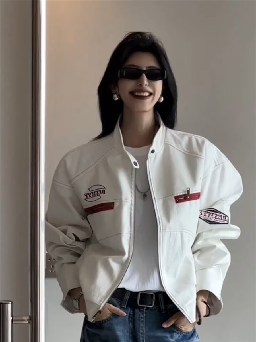 美式PU皮衣机车服外套女2025春秋新款拼接刺绣宽松百搭短款夹克潮